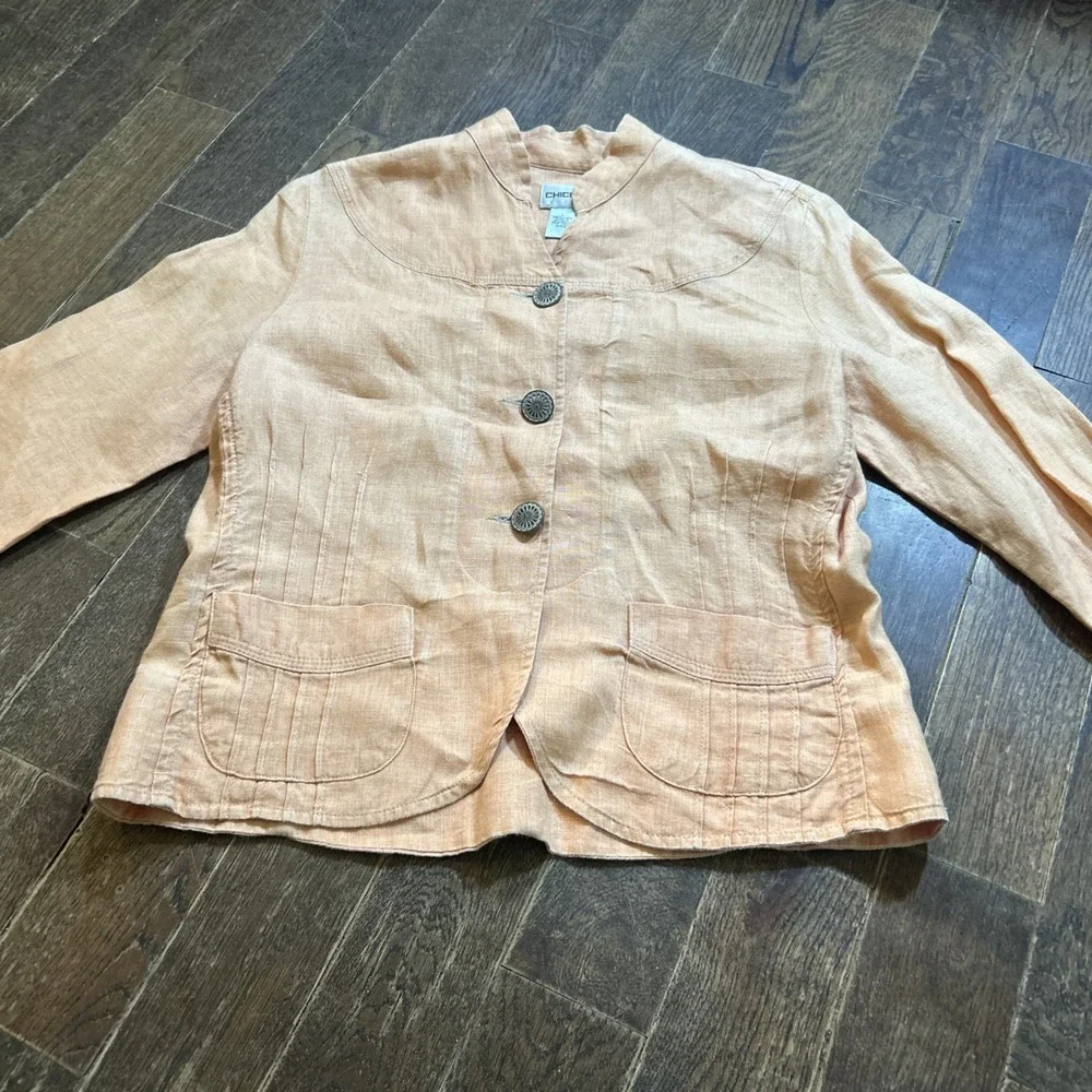 Chicos Womens Size 0 Orange 100 Linen 3/4 Sleeve Button Crop Lightweight Jacket